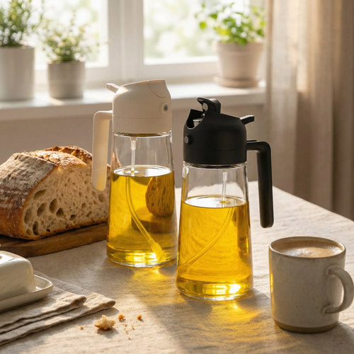 Two glass oil dispensers for oil.