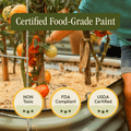 Tomatoes growing in a garden with text about certified food-grade paint and certification logos.