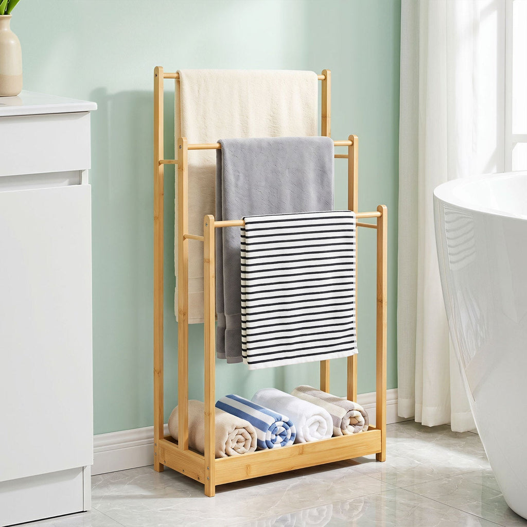 3-Tier Bamboo Towel Rack with a convenient Storage Shelf