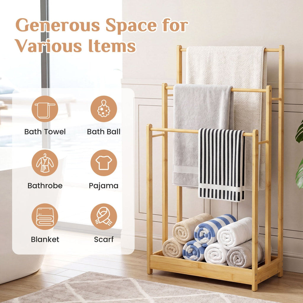 3-Tier Bamboo Towel Rack with a convenient Storage Shelf