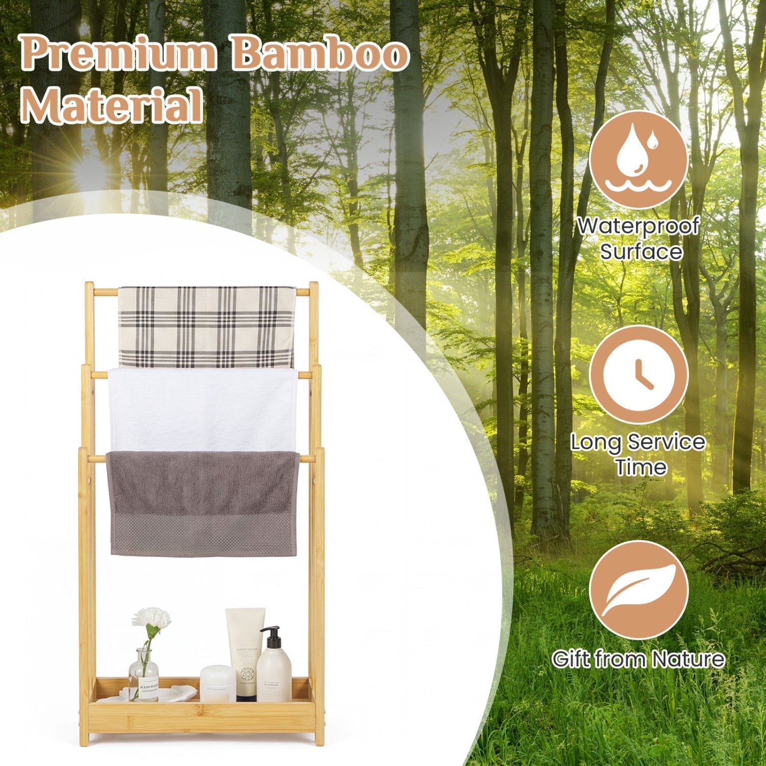 3-Tier Bamboo Towel Rack with a convenient Storage Shelf
