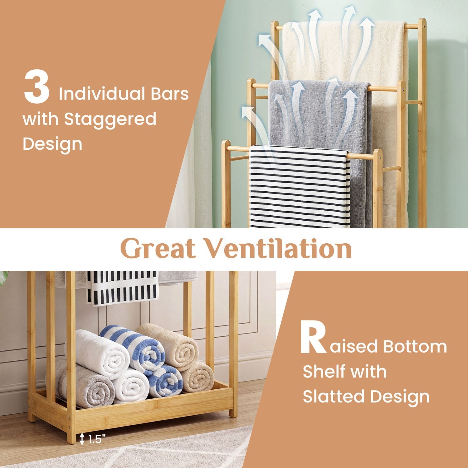 3-Tier Bamboo Towel Rack with a convenient Storage Shelf