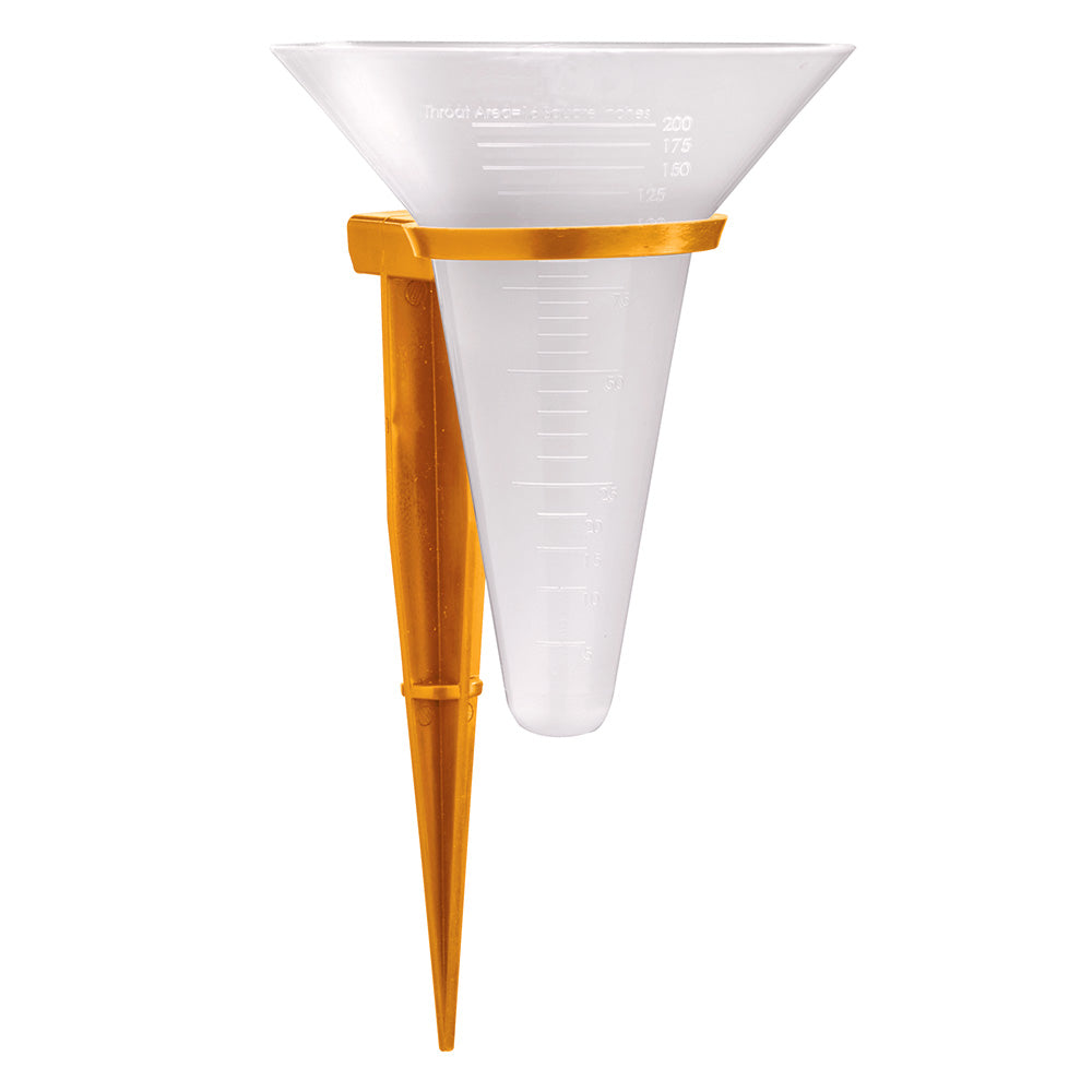 Clear plastic funnel with orange base on a white background