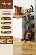 A 4-layer metal kitchen storage cart with wheels, shown in a kitchen next to a refrigerator with dimensions labeled (89.5 cm height, 15 cm width, 40 cm depth).