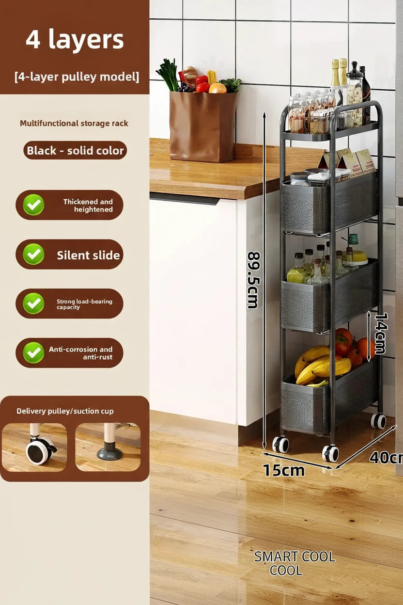 A 4-layer metal kitchen storage cart with wheels, shown in a kitchen next to a refrigerator with dimensions labeled (89.5 cm height, 15 cm width, 40 cm depth).