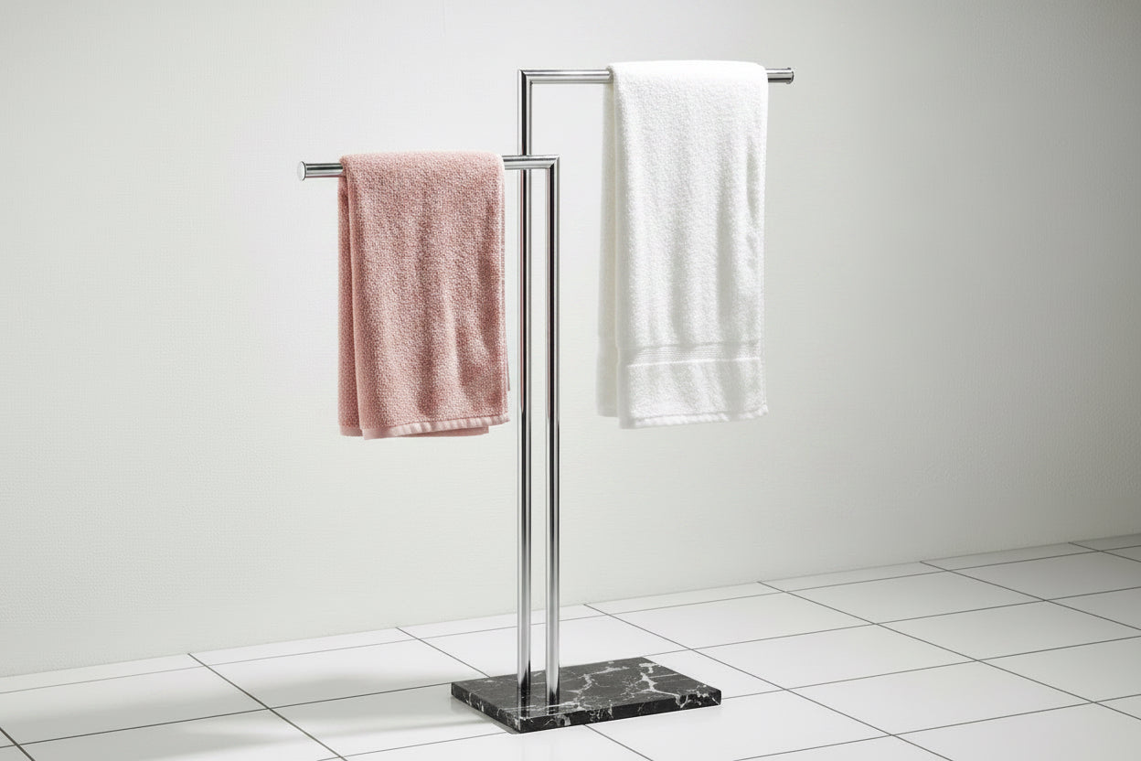 Gold towel rack with black towels against a stone wall