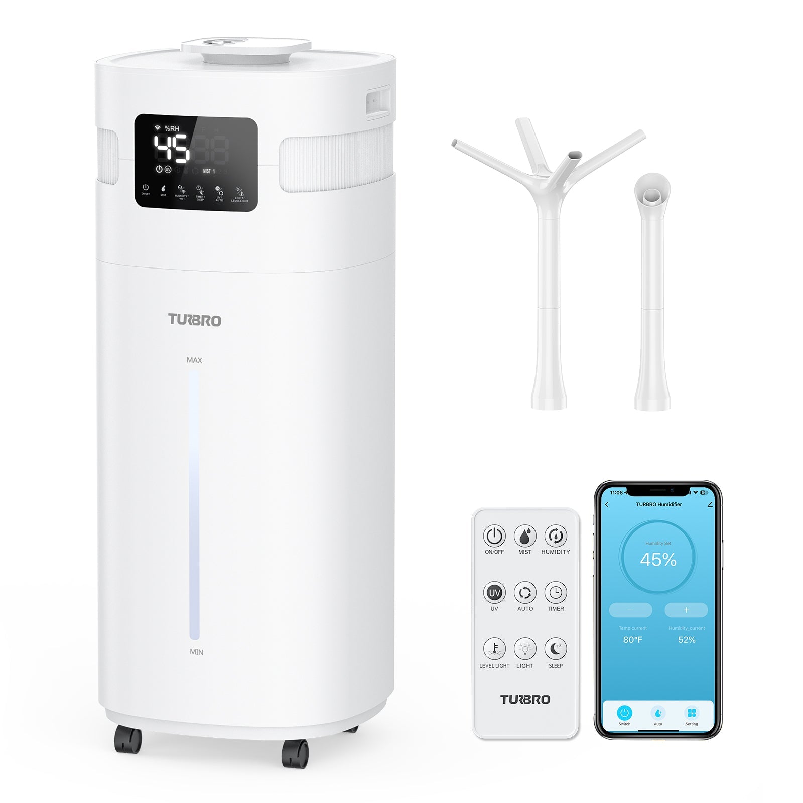 Turbo humidifier and diffuser kit on a white background, including a tall white cylindrical humidifier with a digital display, two white diffuser nozzles, a white remote control, and a smartphone showing the companion app.